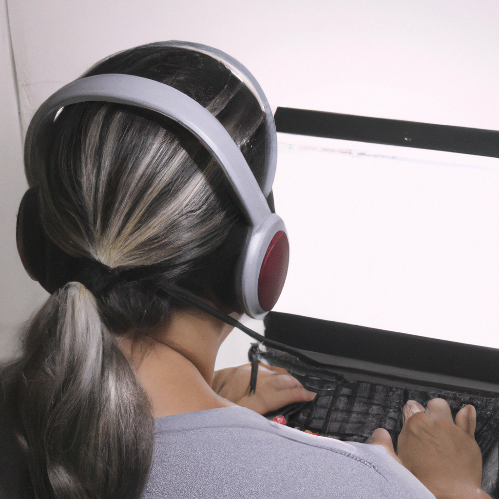 a woman listening to phone calls on a laptop