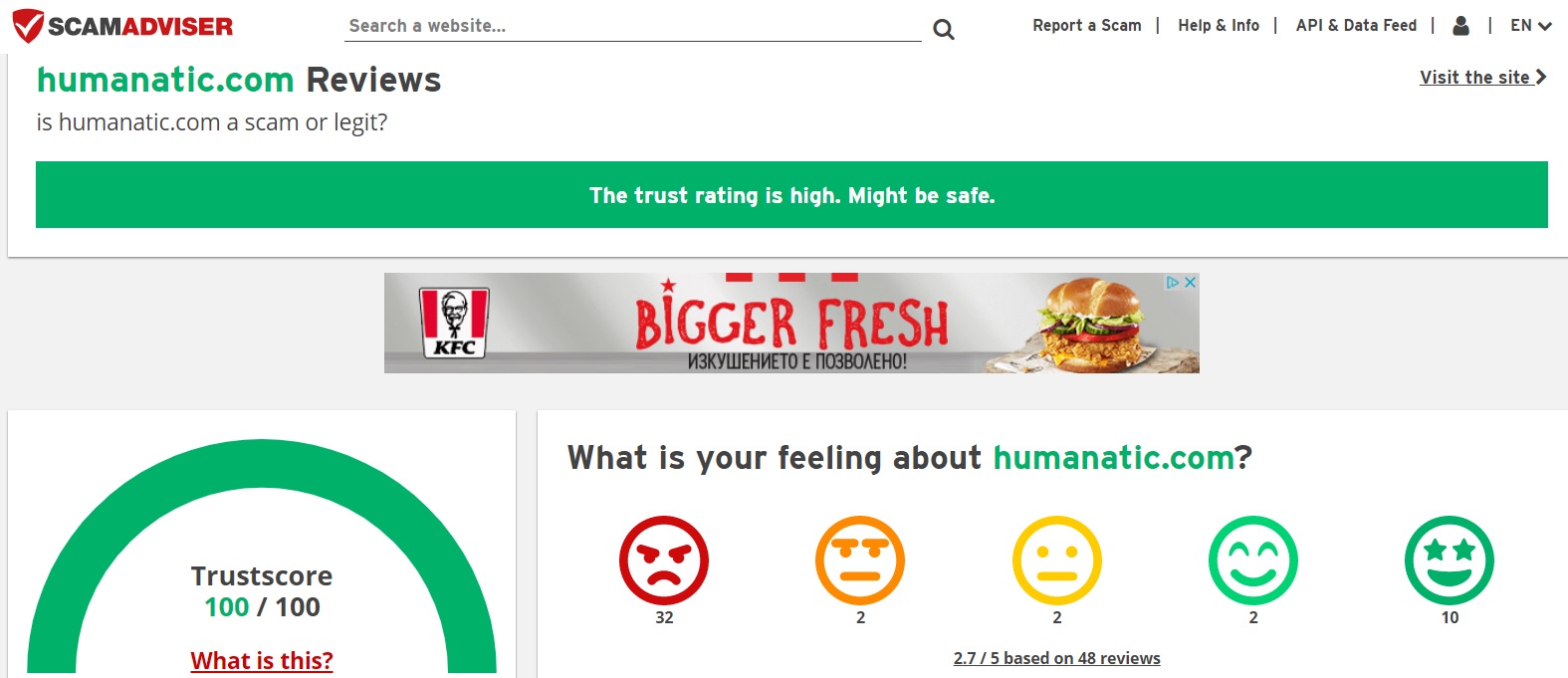 humanatic.com reviews screenshot of the Scamadviser's report